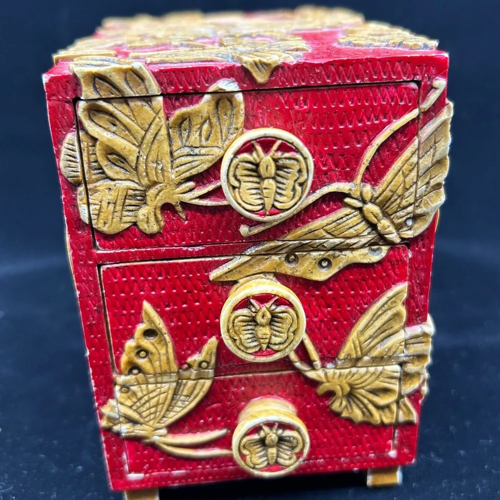 Carved Soapstone Vietnam Handmade Red Carved Butterfly Jewelry Drawer Box